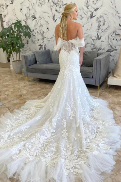 Ivory Tulle Appliques Off-the-Shoulder Mermaid Long Wedding Dress