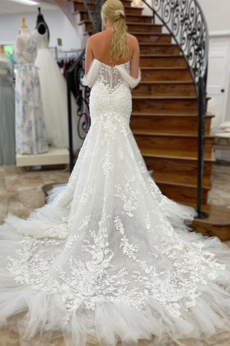 Ivory Tulle Appliques Off-the-Shoulder Mermaid Long Wedding Dress