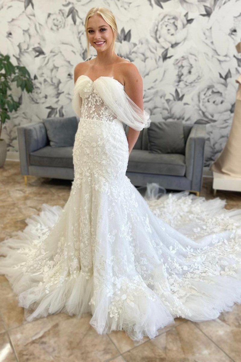 Ivory Tulle Appliques Off-the-Shoulder Mermaid Long Wedding Dress