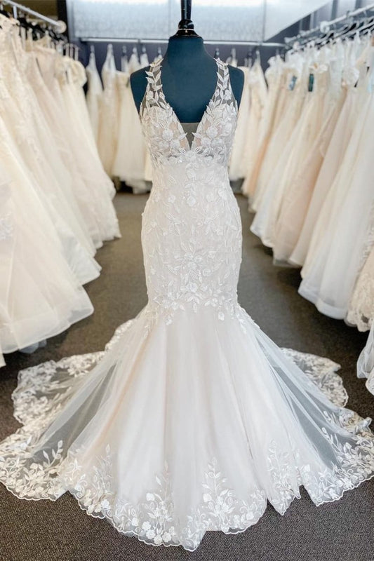 Halter Appliqued White-Nude Mermaid Lace Wedding Dress