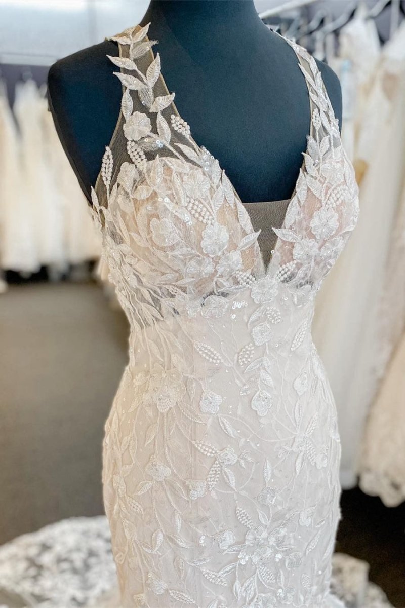 Halter Appliqued White-Nude Mermaid Lace Wedding Dress