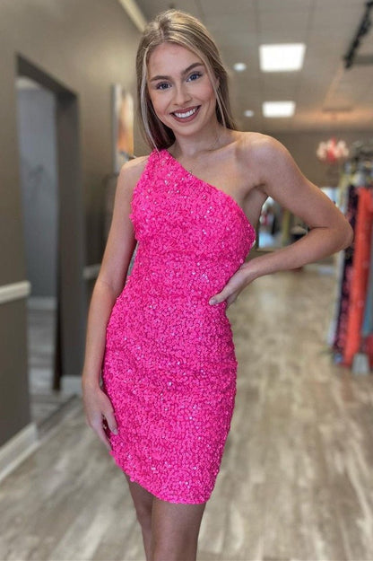 Hot Pink Sheath One Shoulder Sequins Mini Party Dresses