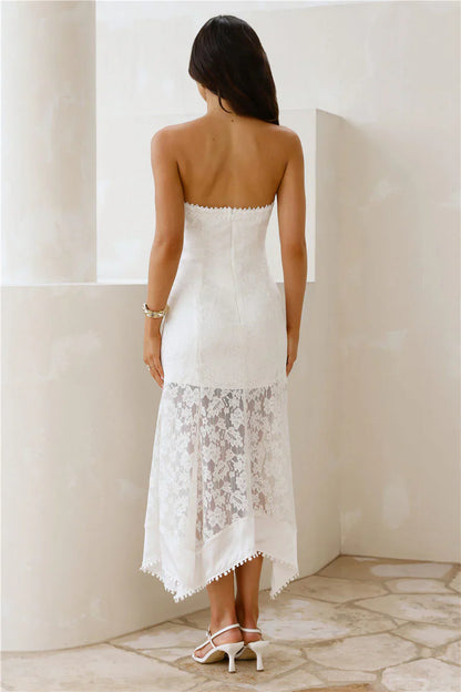 Luxe Petal Lace Strapless Maxi Dress White