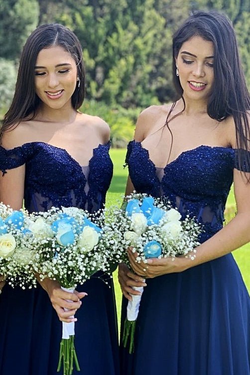 Indigo Lace Off-the-Shoulder A-Line Long Bridesmaid Dress