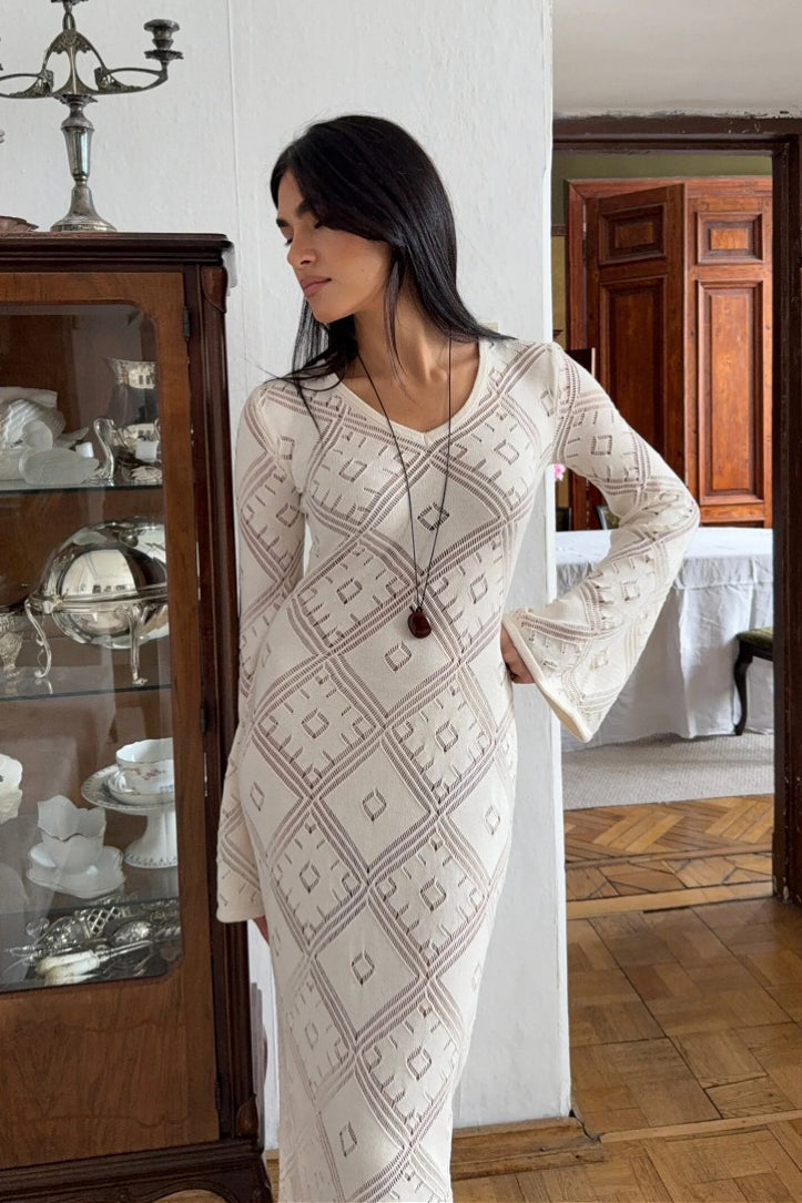 Knit Argyle Jacquard Long Sleeve Maxi Dress