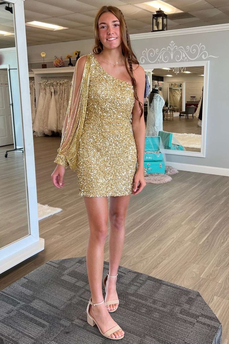 Gold Sheath One Shoulder Sequins Mini Party Dresses