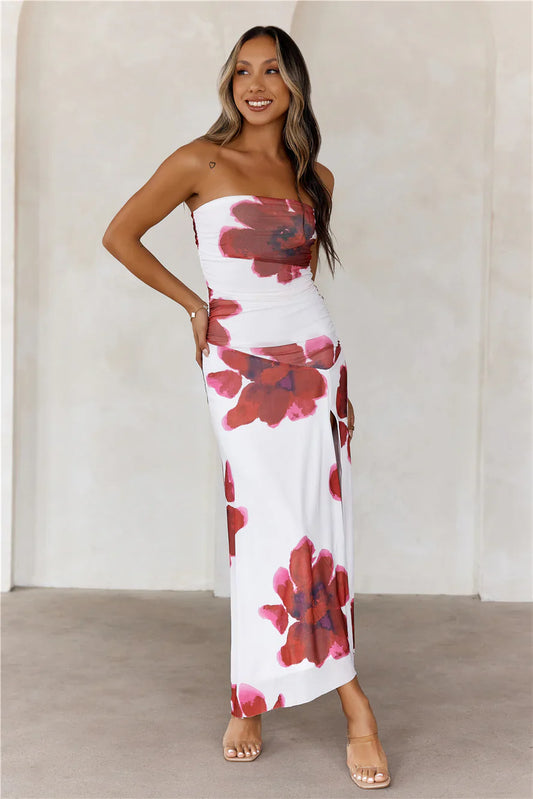 Designer Dream Strapless Mesh Maxi Dress White