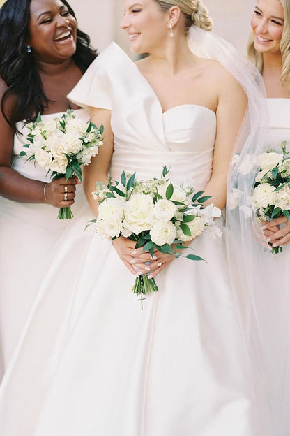 Elegant A-Line One Shoulder White Satin Wedding Dresses