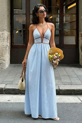 Deep V Neck Striped Backless Maxi Dress