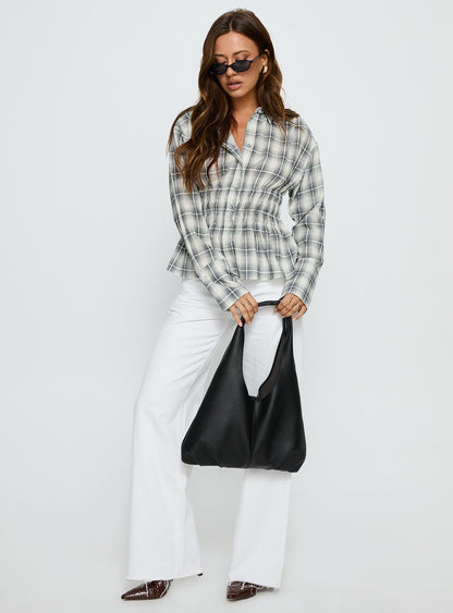 As You Are Shirred Button Up Top Black Check