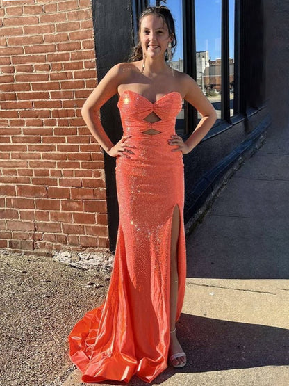 Glitter Mermaid Yellow Sweetheart Cut-out Long Prom Dress with Beading
