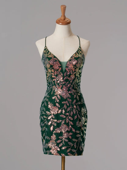 Green - Bodycon V Neck Sequined Homecoming Dresses