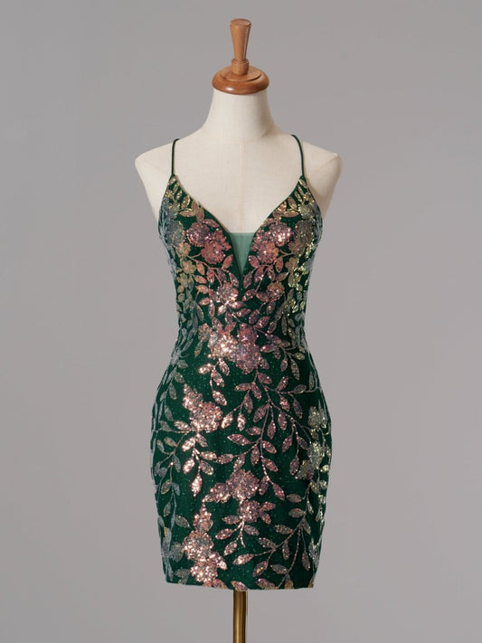 Green - Bodycon V Neck Sequined Homecoming Dresses