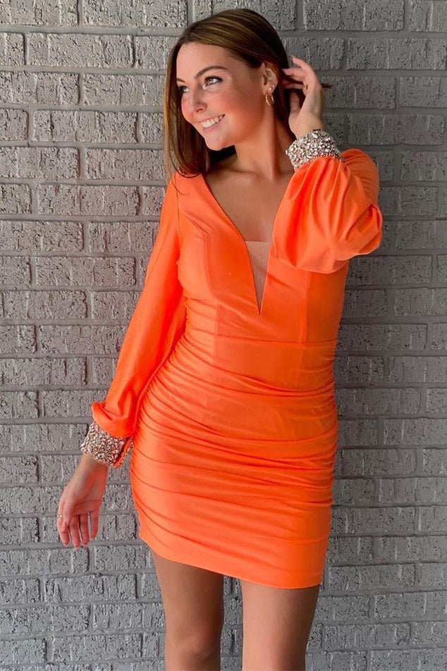 Elegant Long Sleeves Orange Short Homecoming Dress