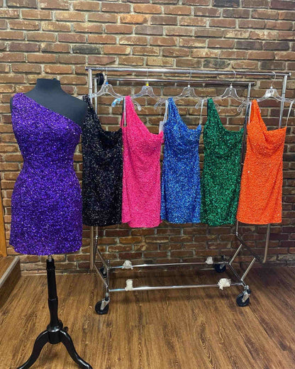 Hot Pink Sheath One Shoulder Sequins Mini Party Dresses