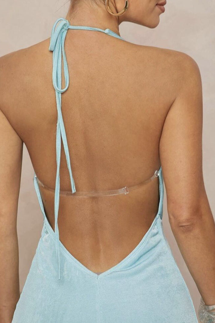 Deep V Halter Ruched Metal Trim Backless Maxi Dress