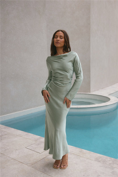 Forget Me Not Satin Maxi Dress Sage