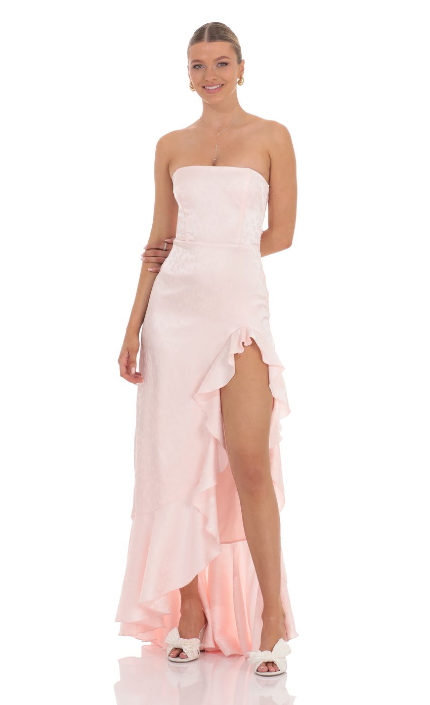 Satin Jacquard Back Bow Corset Maxi Dress in Pink