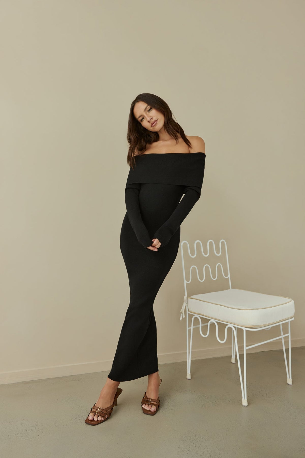 Angels Sing Off Shoulder Knit Maxi Dress Black