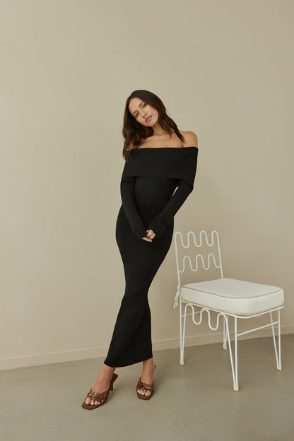 Angels Sing Off Shoulder Knit Maxi Dress Black