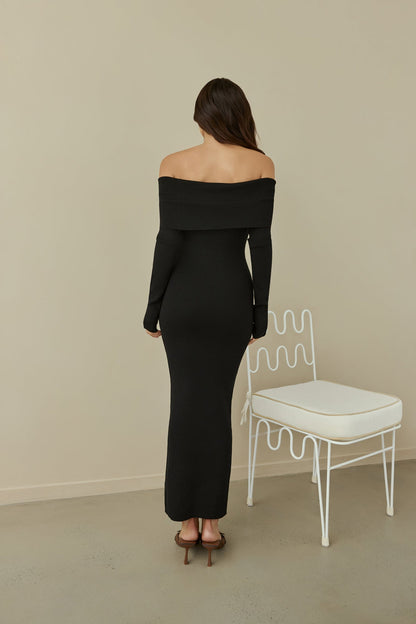 Angels Sing Off Shoulder Knit Maxi Dress Black