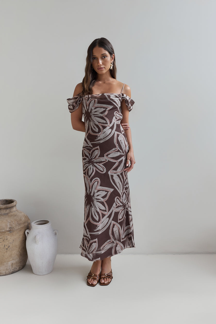 Desert Flower Off Shoulder Maxi Dress Brown