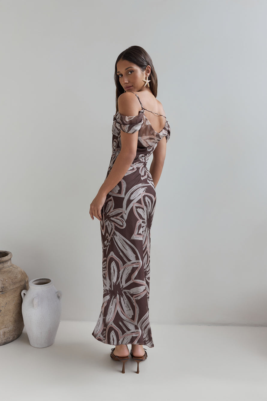 Desert Flower Off Shoulder Maxi Dress Brown