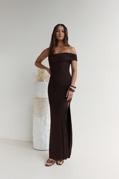 Siren Song One Shoulder Mesh Maxi Dress Espresso