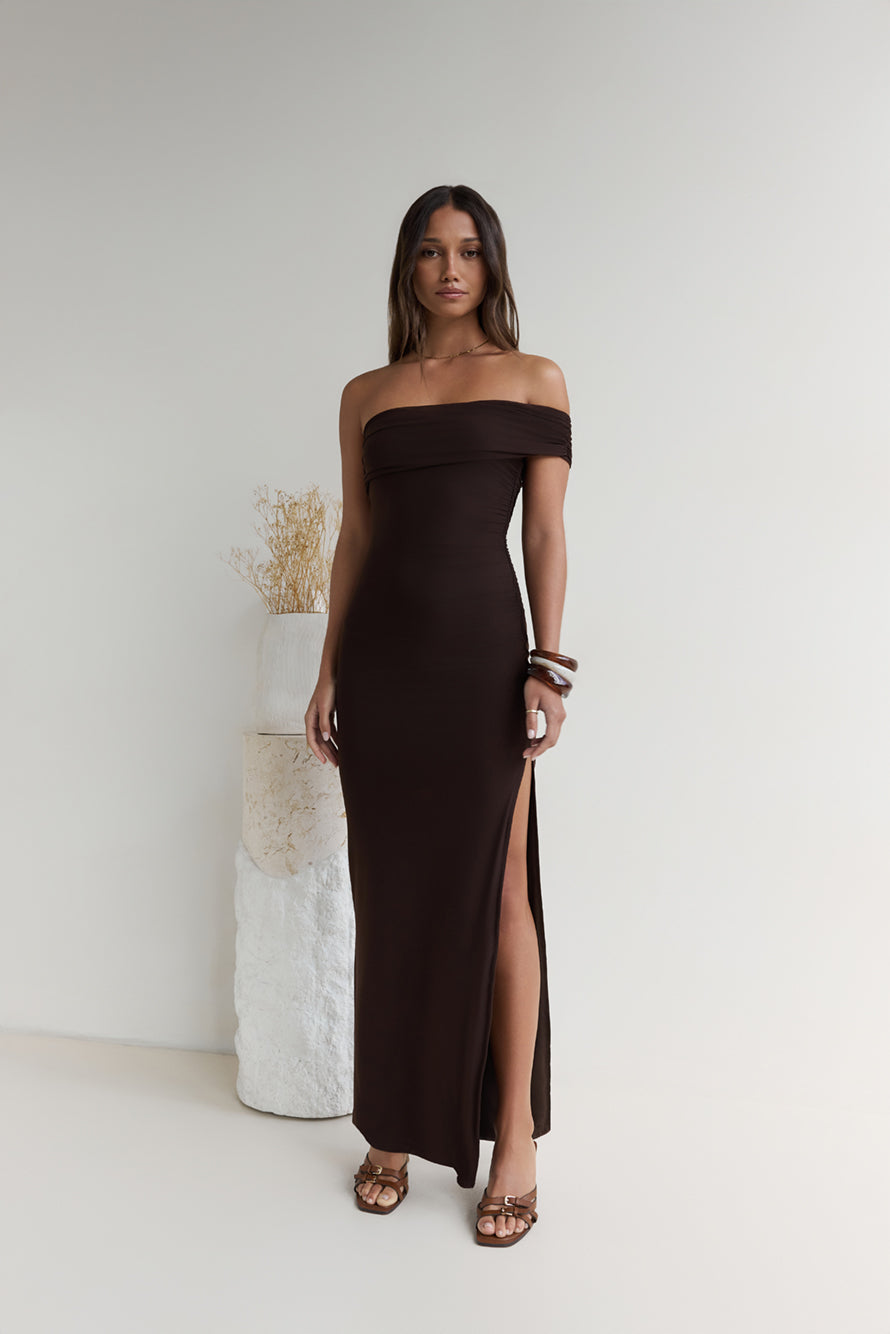 Siren Song One Shoulder Mesh Maxi Dress Espresso