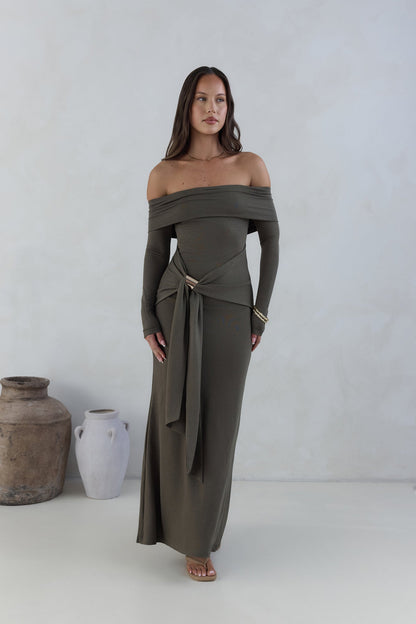 The Getaway Edit Off Shoulder Maxi Dress Olive