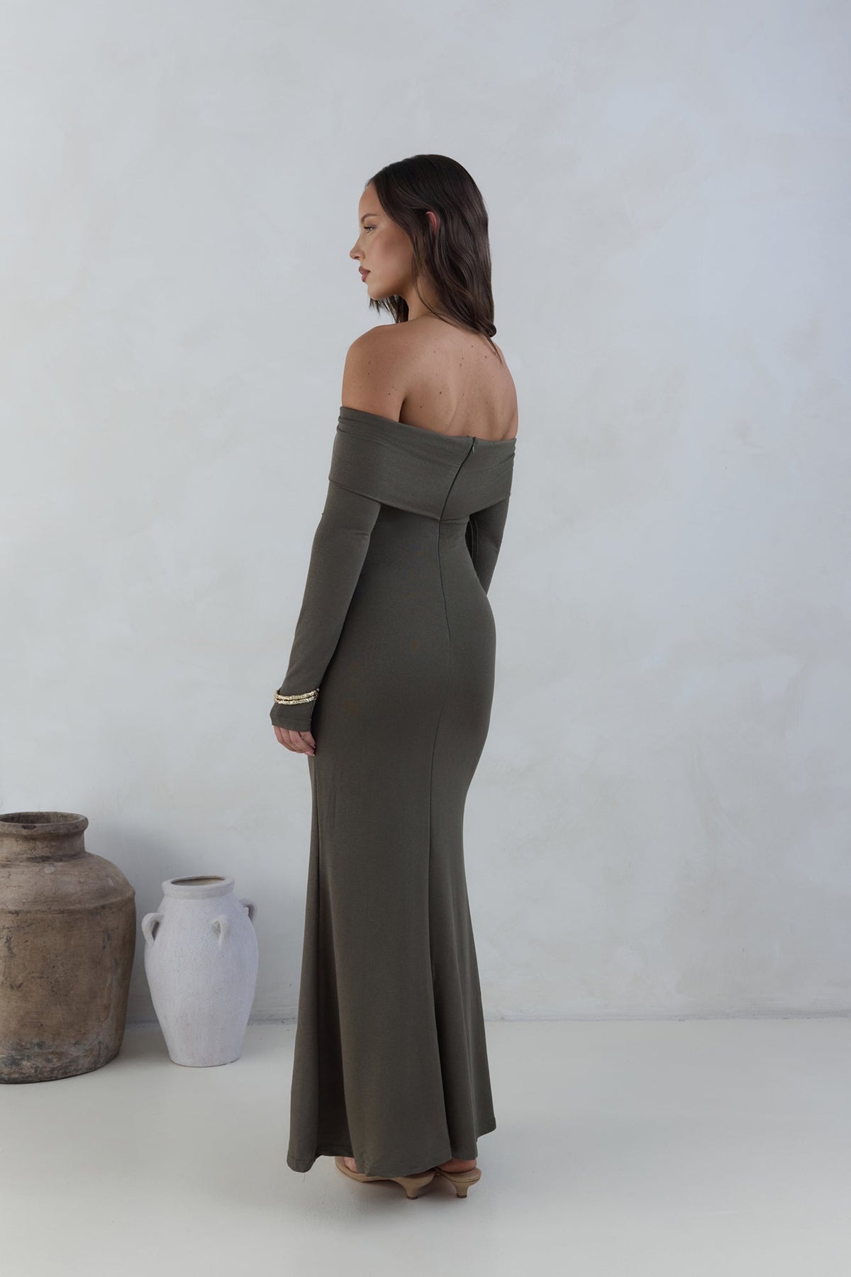 The Getaway Edit Off Shoulder Maxi Dress Olive