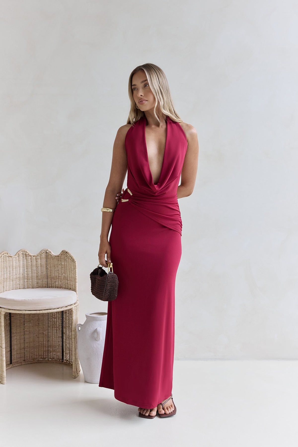 Kiss Journeys Halter Maxi Dress Burgundy