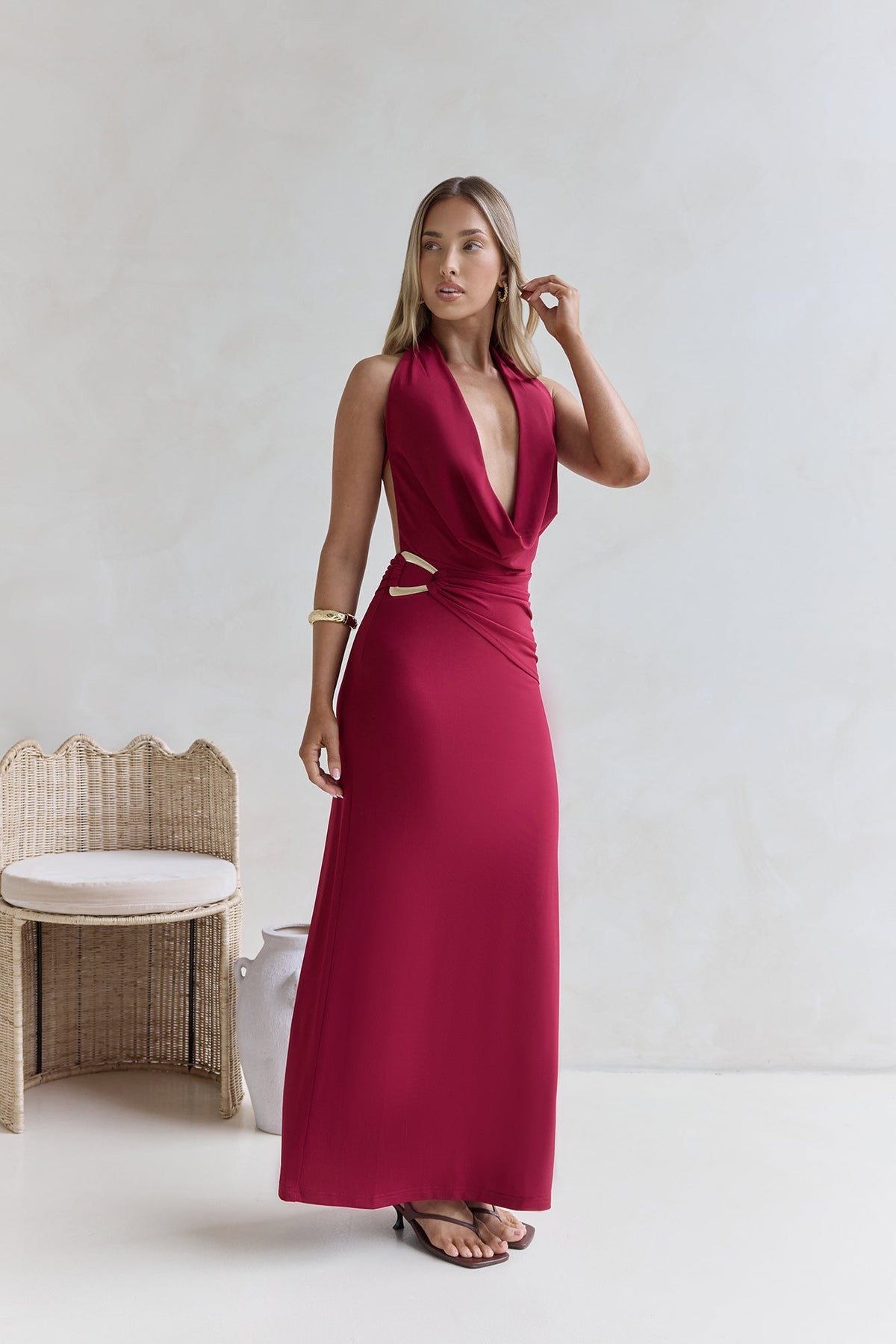 Kiss Journeys Halter Maxi Dress Burgundy