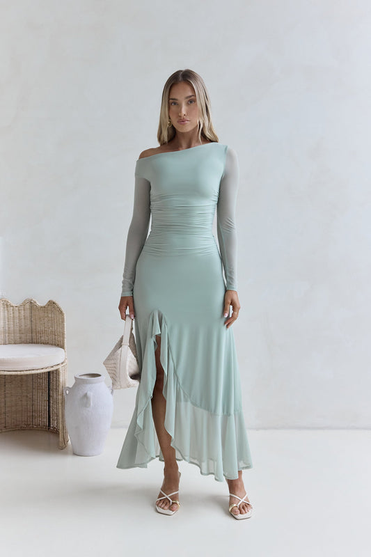 Whispered Secrets Mesh Long Sleeve Maxi Dress Sage