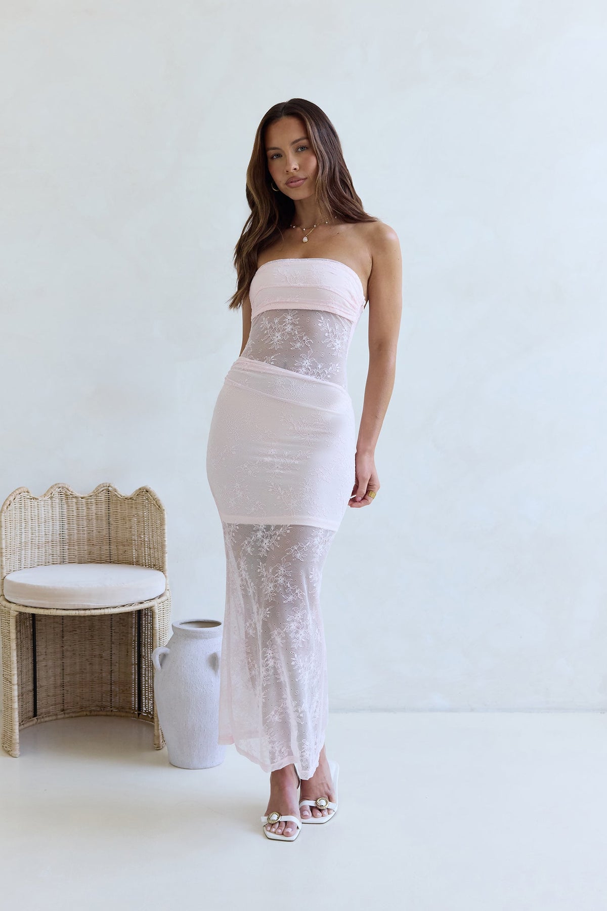For The Lovers Lace Strapless Maxi Dress Pink
