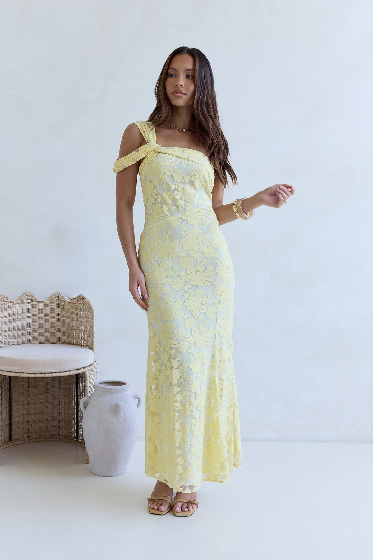 Illusion Of The Sun One Shoulder Maxi Dress Yellow