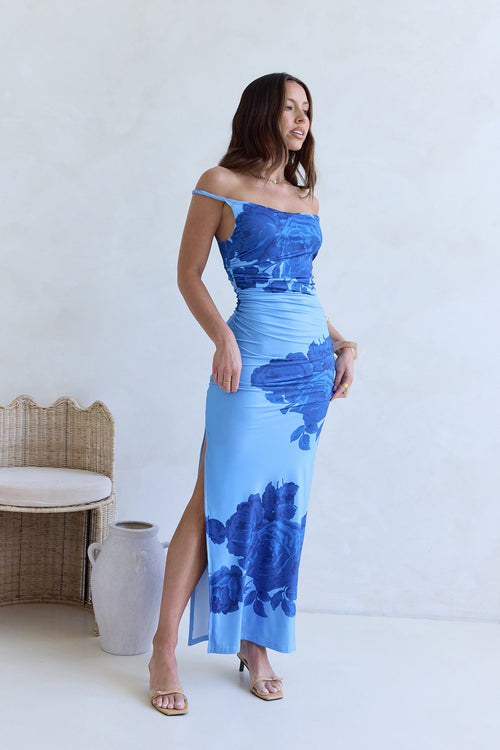 The Darling Edit Off Shoulder Maxi Dress Blue
