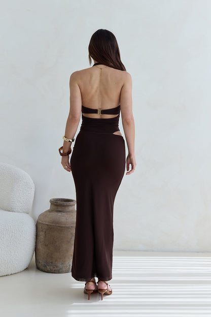 Whispers In The Dark Halter Mesh Maxi Dress Brown