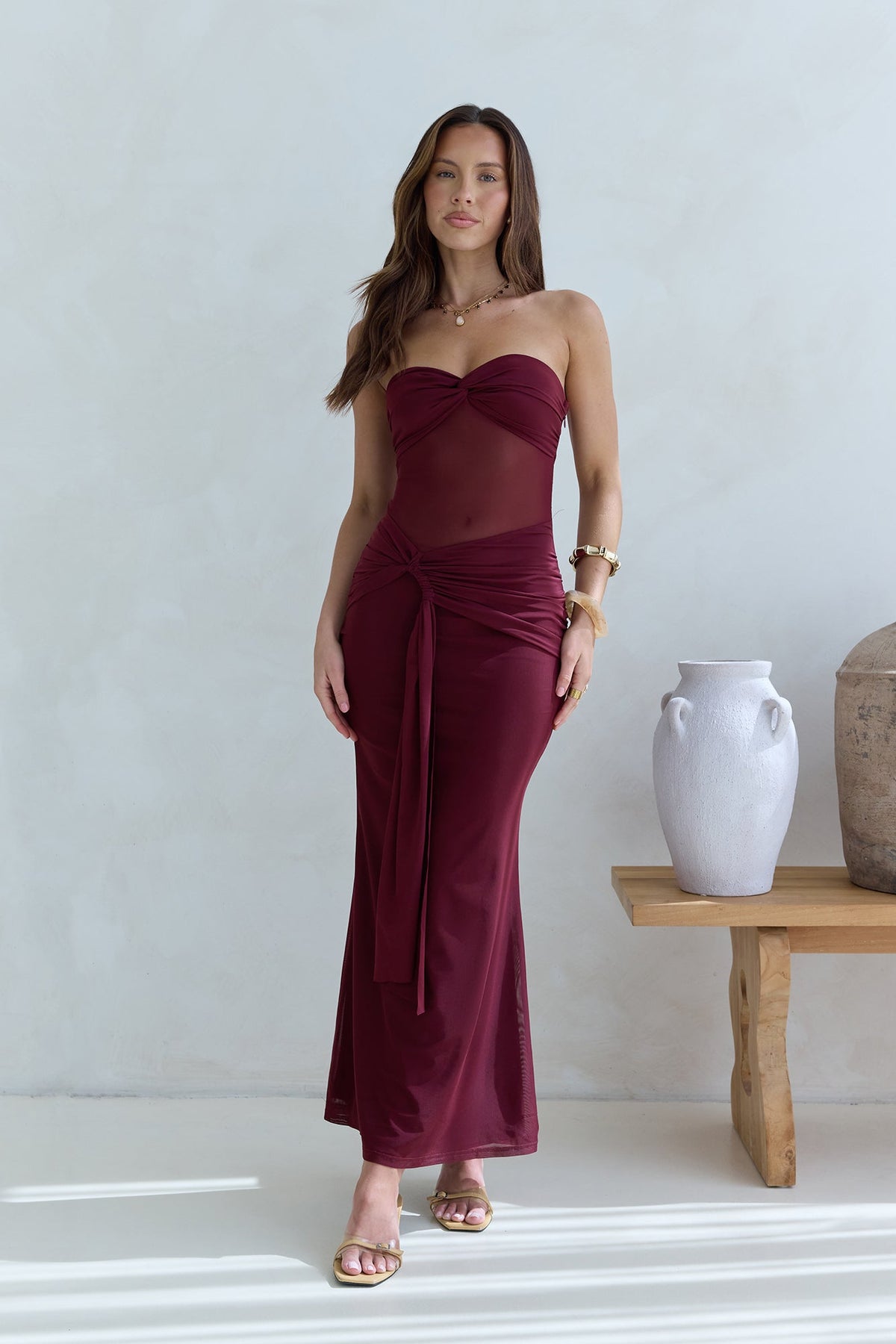 Caught Your Eye Mesh Strapless Maxi Dress Burgundy