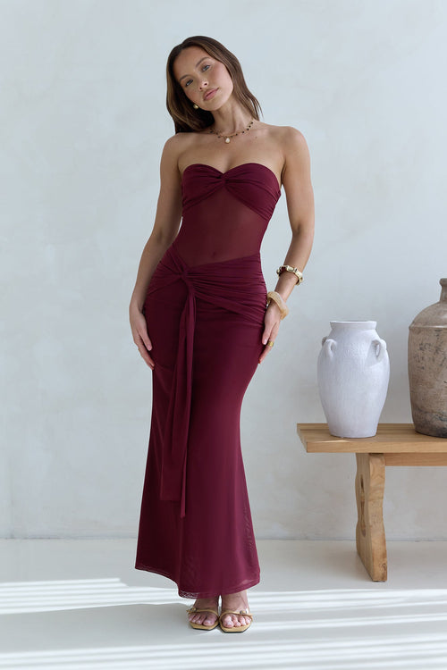 Caught Your Eye Mesh Strapless Maxi Dress Burgundy