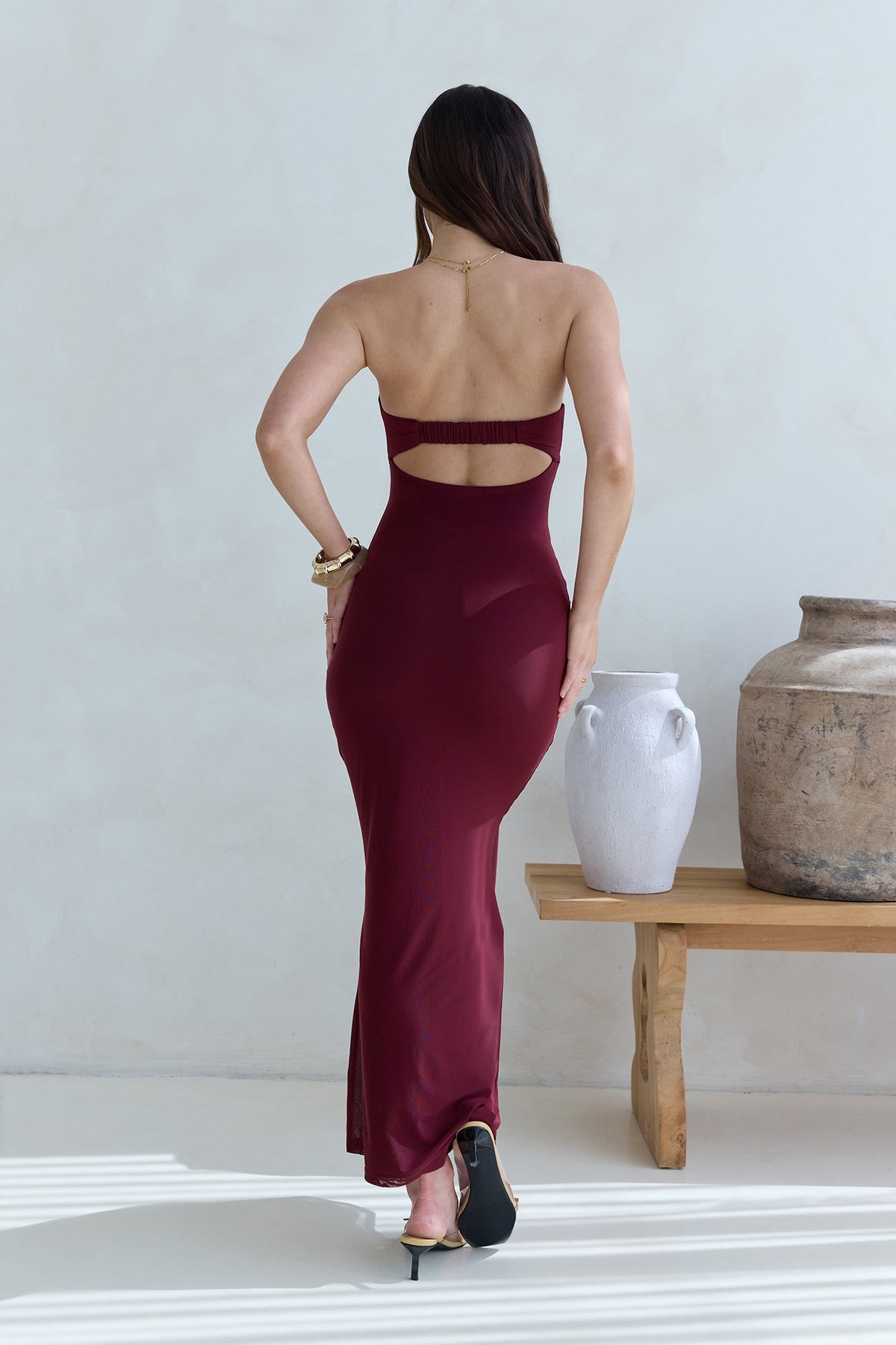 Caught Your Eye Mesh Strapless Maxi Dress Burgundy