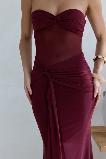 Caught Your Eye Mesh Strapless Maxi Dress Burgundy