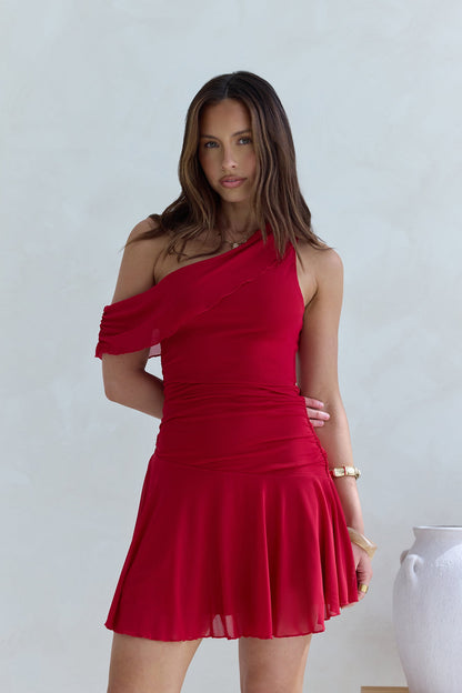 Promise To You One Shoulder Mesh Mini Dress Red