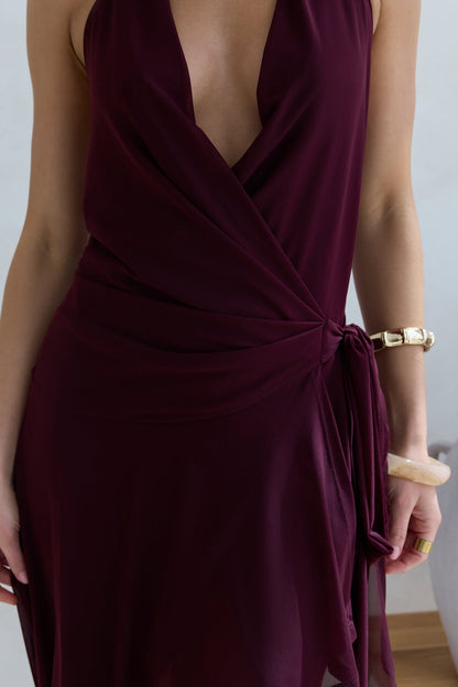 Starry Dreams Halter Mesh Mini Dress Burgundy