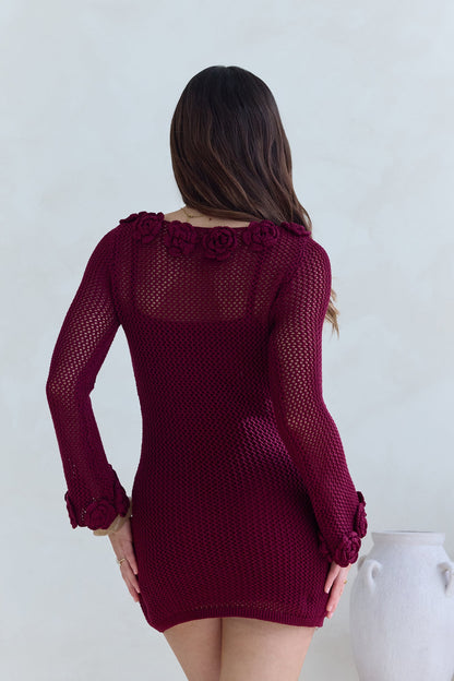 Rosy World Long Sleeve Knit Mini Dress Wine