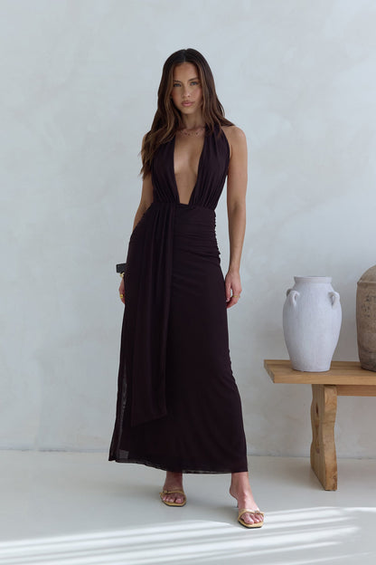 Make Your Mark Mesh Halter Maxi Dress Brown