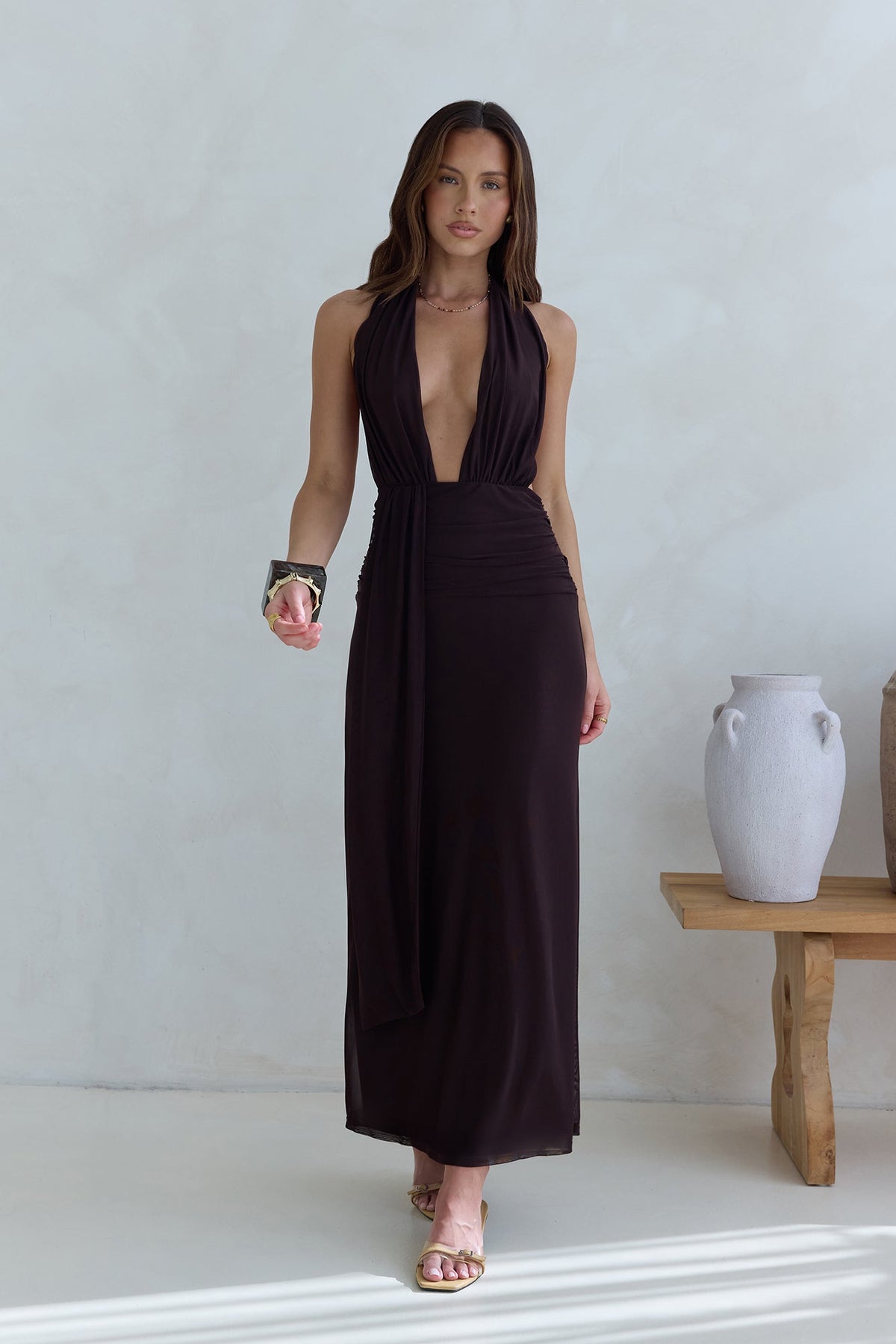 Make Your Mark Mesh Halter Maxi Dress Brown