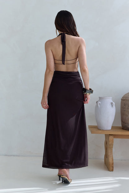 Make Your Mark Mesh Halter Maxi Dress Brown