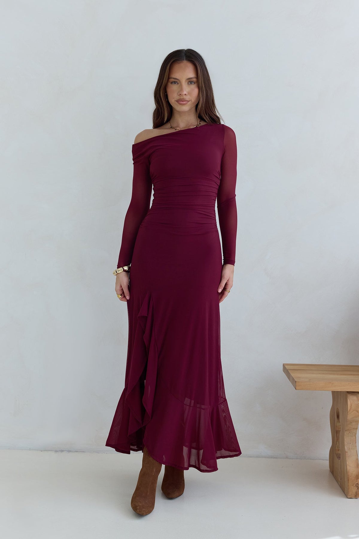 Whispered Secrets Mesh Long Sleeve Maxi Dress Wine