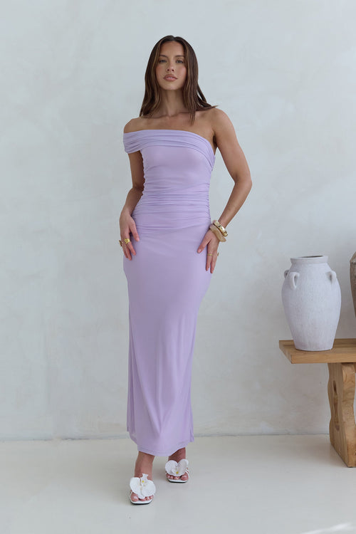 Dahlia One Shoulder Mesh Maxi Dress Lilac